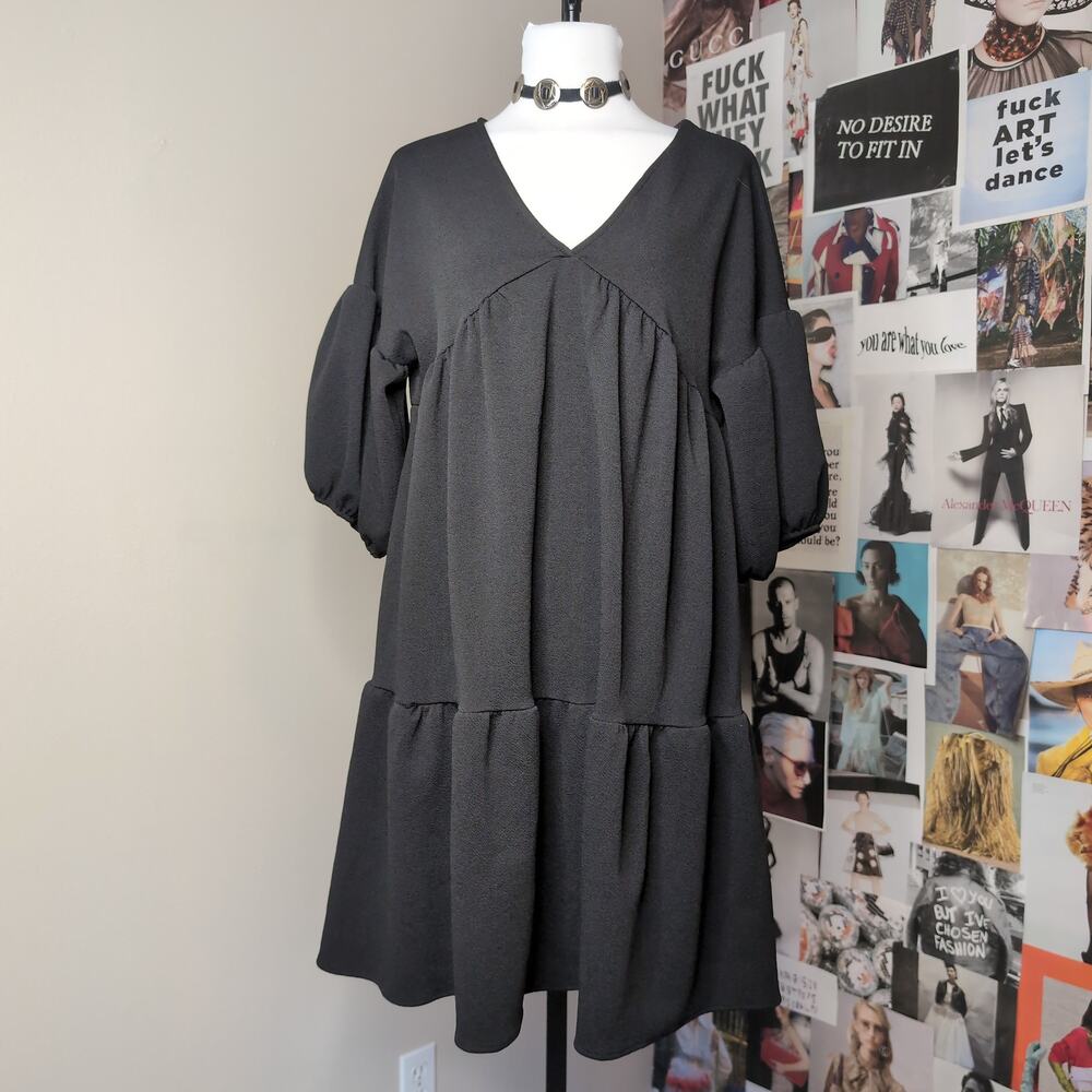Black Babydoll Dress with Puff Sleeves Gothic